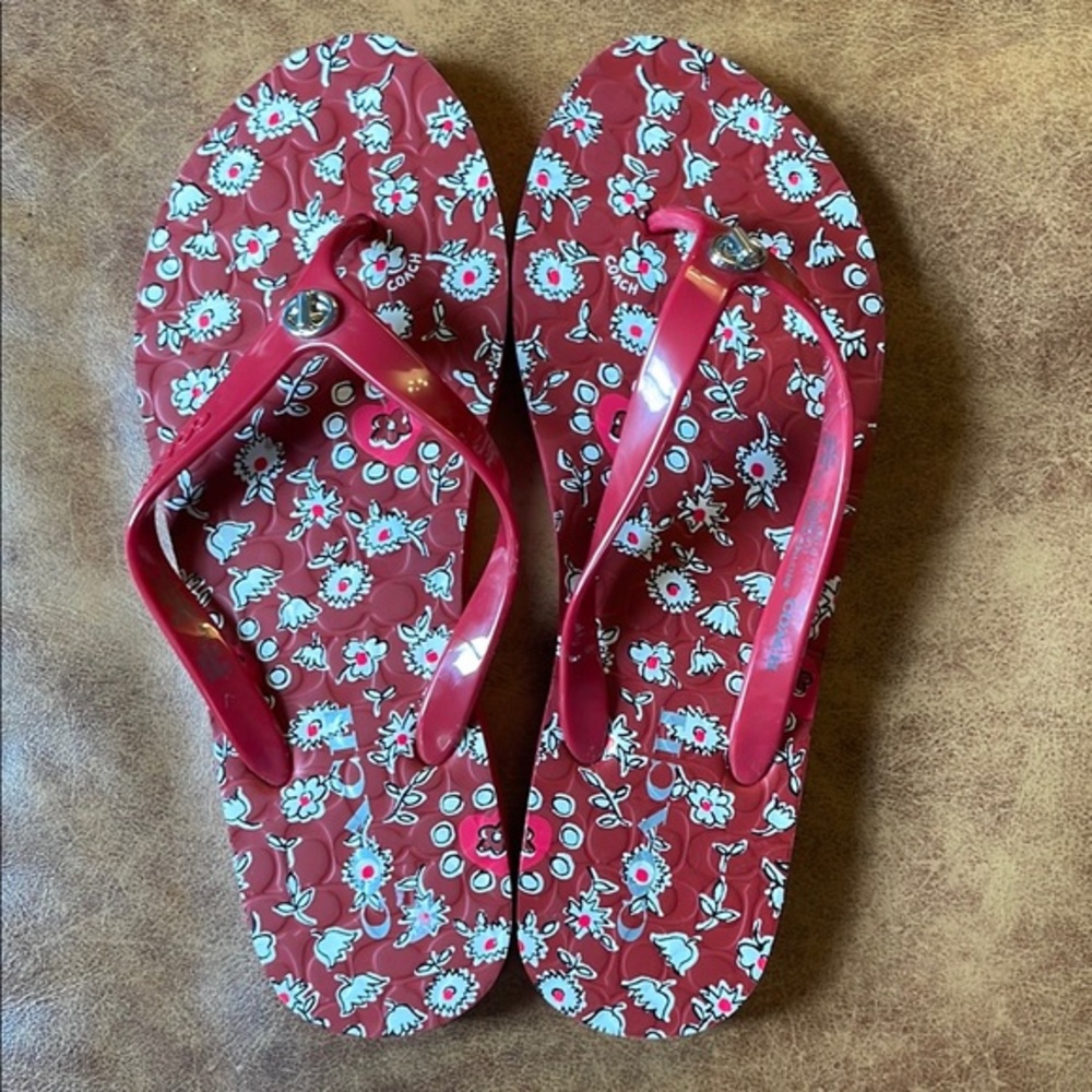 Coach Abigail Slip On Flip Flops Sz 7 Red Floral Turnlock White Silver